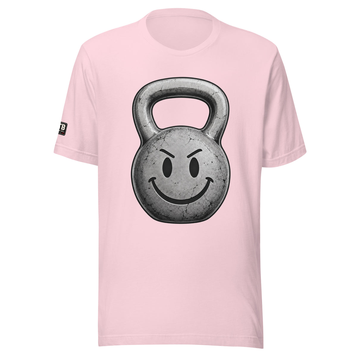 Kettlebell smiley face fitness shirt in light pink by After the Bell Apparel Co.