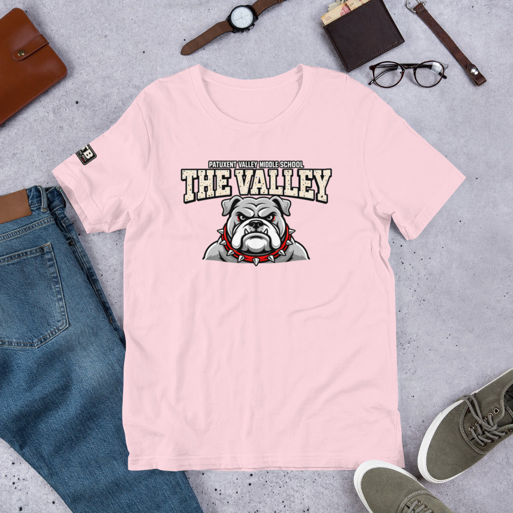 Light Pink Patuxent Valley Middle School T-shirt featuring distressed white THE VALLEY lettering and a gray bulldog mascot with a red spiked collar.