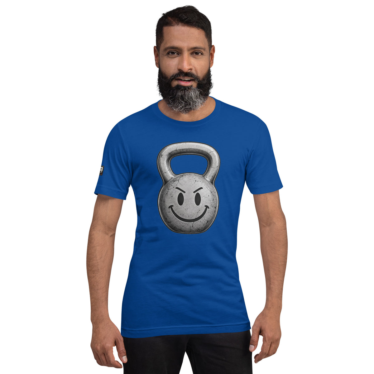 Kettlebell smiley face fitness shirt in royal by After the Bell Apparel Co.