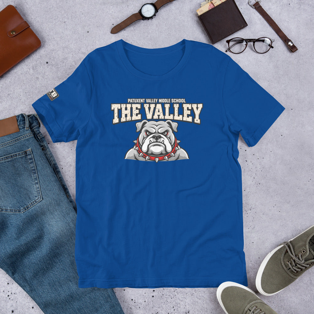 Royal blue Patuxent Valley Middle School T-shirt featuring distressed white THE VALLEY lettering and a gray bulldog mascot with a red spiked collar.