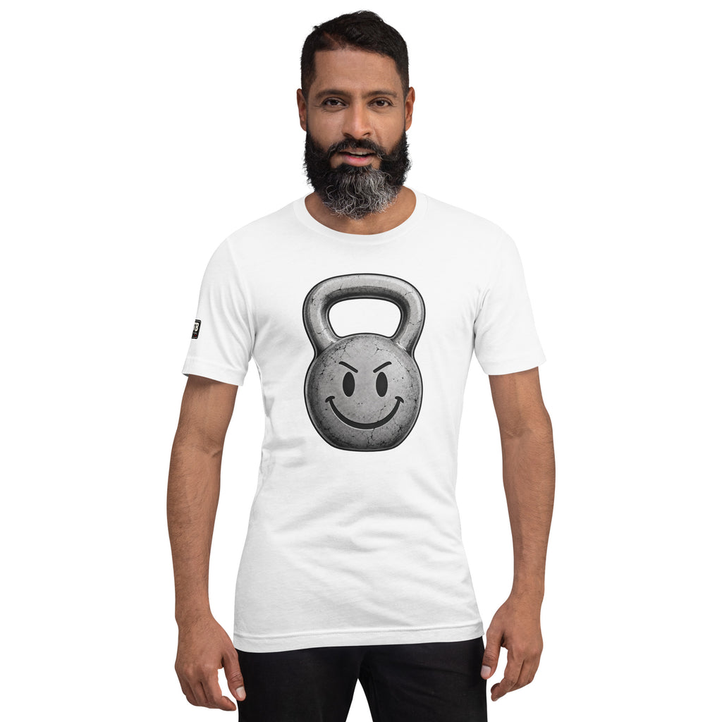 Kettlebell smiley face fitness shirt in white
by After the Bell Apparel Co.
