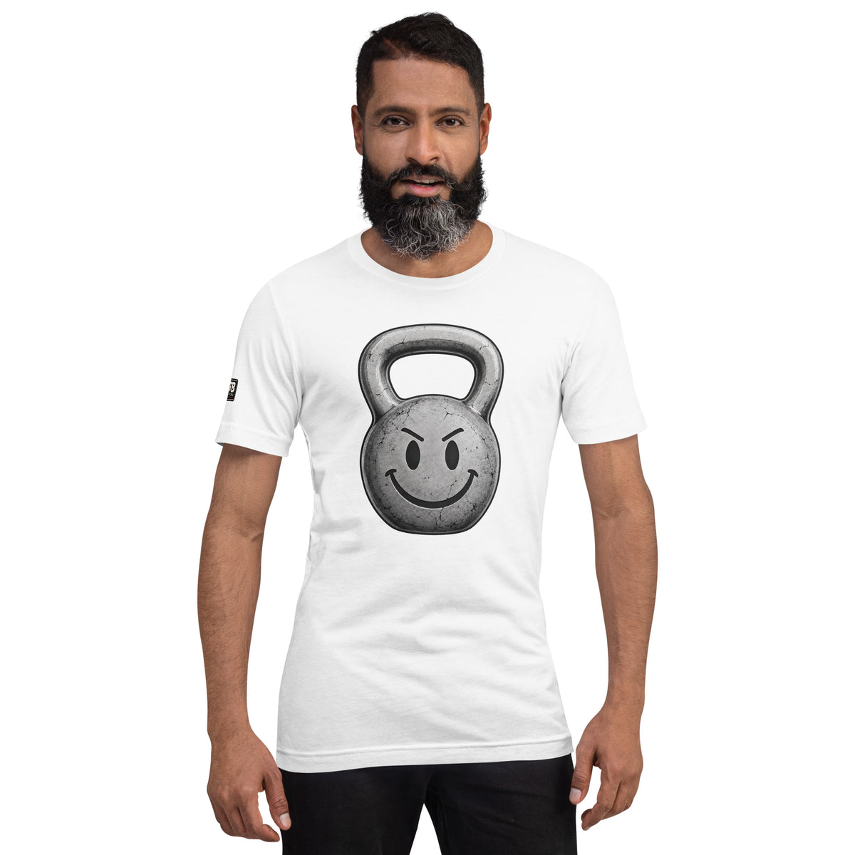 Kettlebell smiley face fitness shirt in white
by After the Bell Apparel Co.