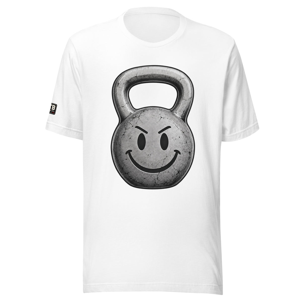 Kettlebell smiley face fitness shirt in white by After the Bell Apparel Co.