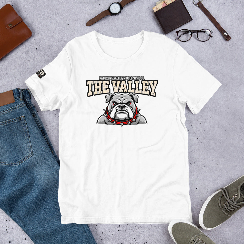 White Patuxent Valley Middle School T-shirt featuring distressed white THE VALLEY lettering and a gray bulldog mascot with a red spiked collar.