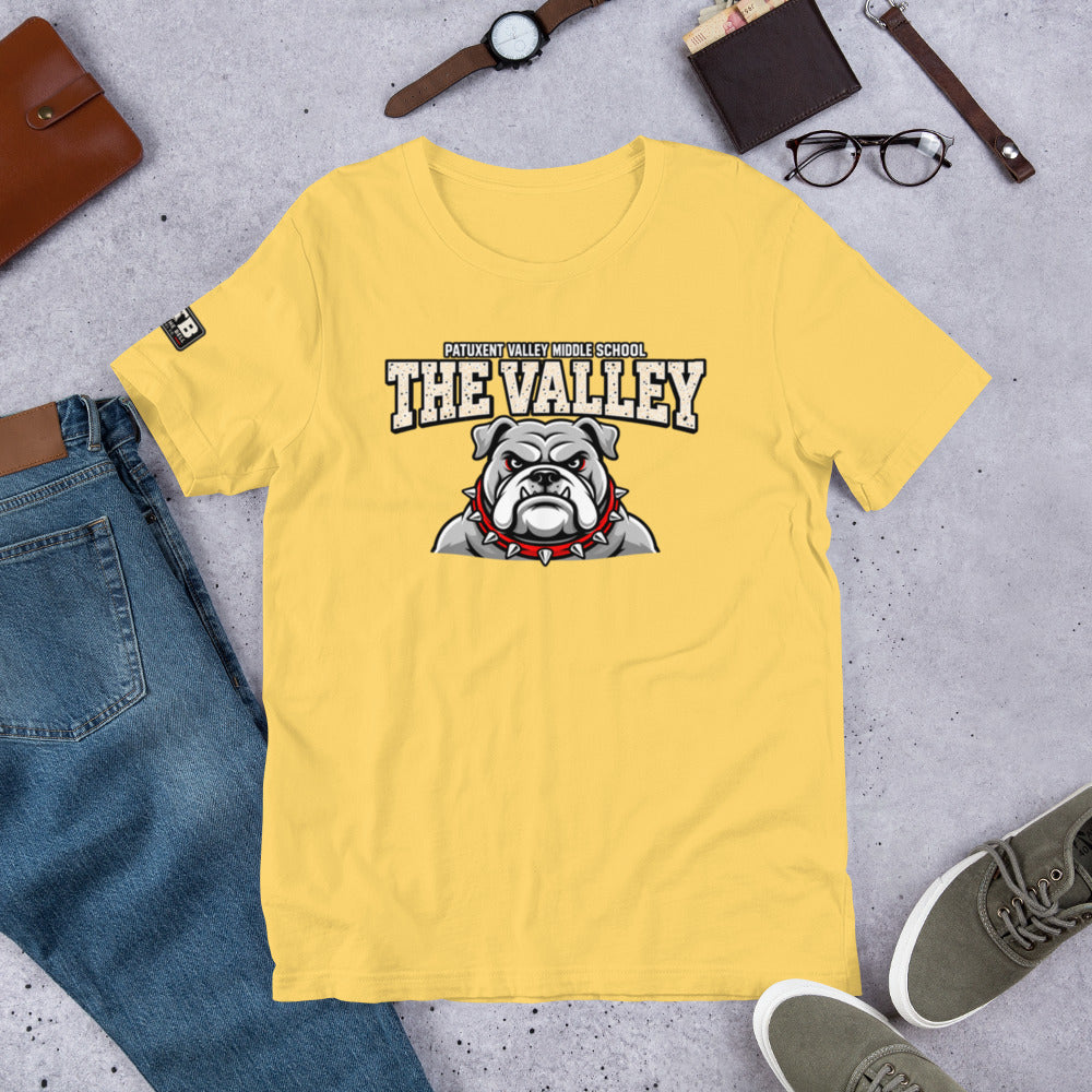 Yellow Patuxent Valley Middle School T-shirt featuring distressed white THE VALLEY lettering and a gray bulldog mascot with a red spiked collar.